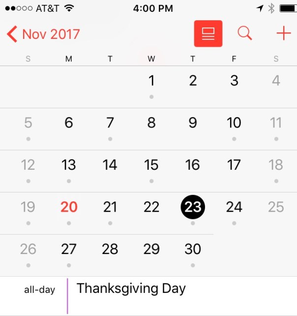 Calendar showing Thanksgiving